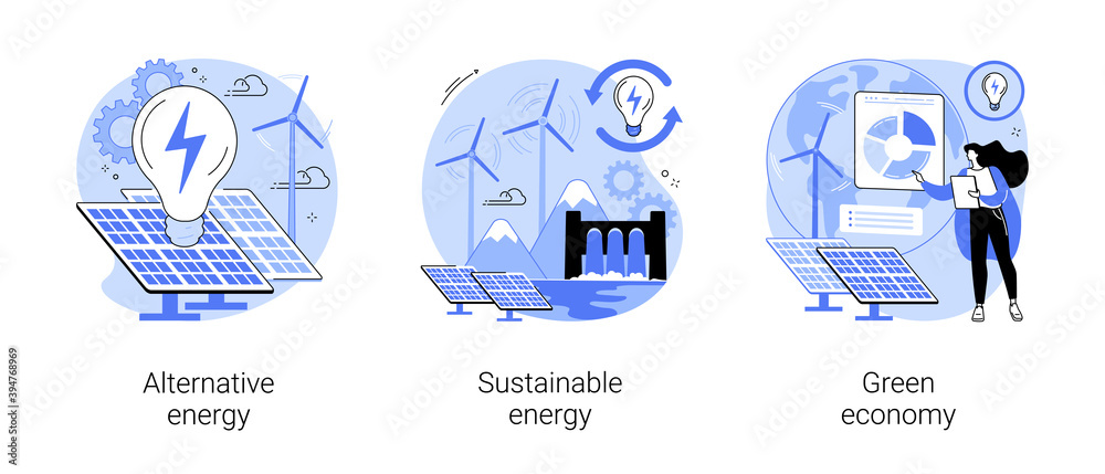 Clean green energy abstract concept vector illustration set. Alternative energy, sustainable eco system, renewable sources, wind turbine, solar panels, green economy, eco friendly abstract metaphor.