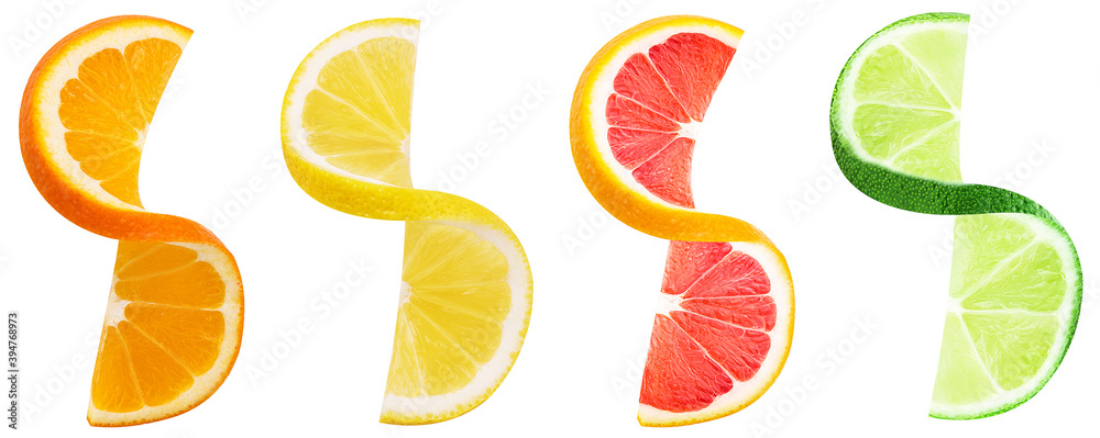 Orange, lemon, grapefruit, and lime fruit twisted slice Orange, lemon, grapefruit, and lime fruit twisted slice