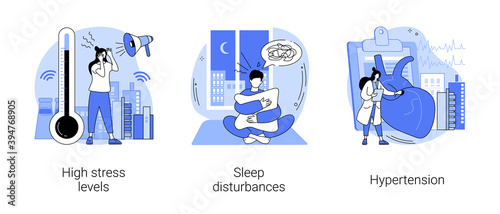 Stressful life abstract concept vector illustration set. High stress levels, sleep disturbances, hypertension, digital overload, mental health, high blood pressure, insomnia abstract metaphor.