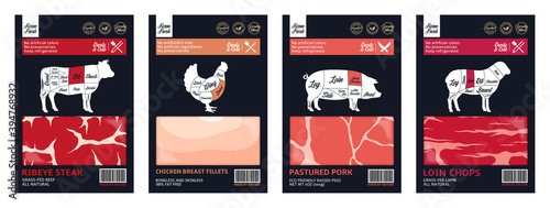 Vector butchery modern style labels. American (US) cuts of beef, chicken, pork and lamb diagrams