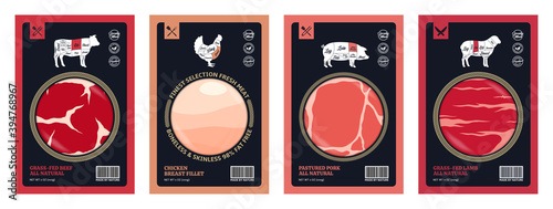 Vector butchery labels for groceries, meat stores, packaging and advertising. American (US) cuts of beef, chicken, pork and lamb diagrams