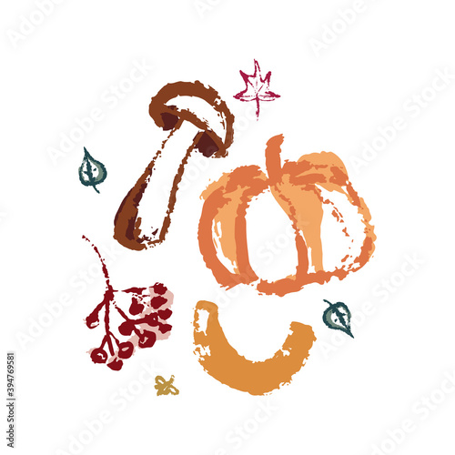 Hand drawing abstract elements of the autumn season. Warm colors, stylish compositions of leaves, mushrooms, cones, berries. Autumn mood, cozy autumn and minimal design.