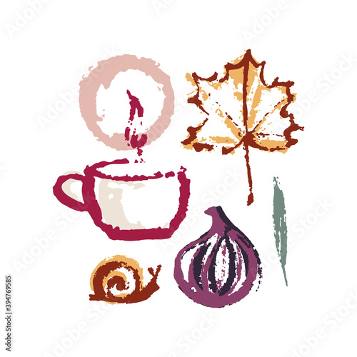 Hand drawing abstract elements of the autumn season. Warm colors, stylish compositions of leaves, mushrooms, cones, berries. Autumn mood, cozy autumn and minimal design.