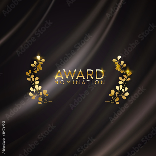 Golden winner glitter banner with laurel wreath. Award nomination design background
