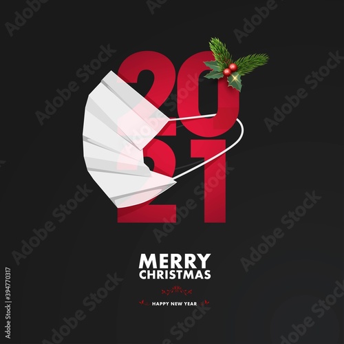 Merry Christmas and happy new year, 2021. Noel, banner, frame, header, background or greeting card design. Covid 19, protecting himself with a surgical mask. Pandemic, flu, corona.