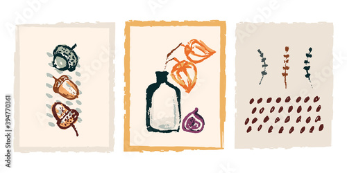 Hand drawing abstract elements of the autumn season. Warm colors, stylish compositions of leaves, mushrooms, cones, berries. Autumn mood, cozy autumn and minimal design.