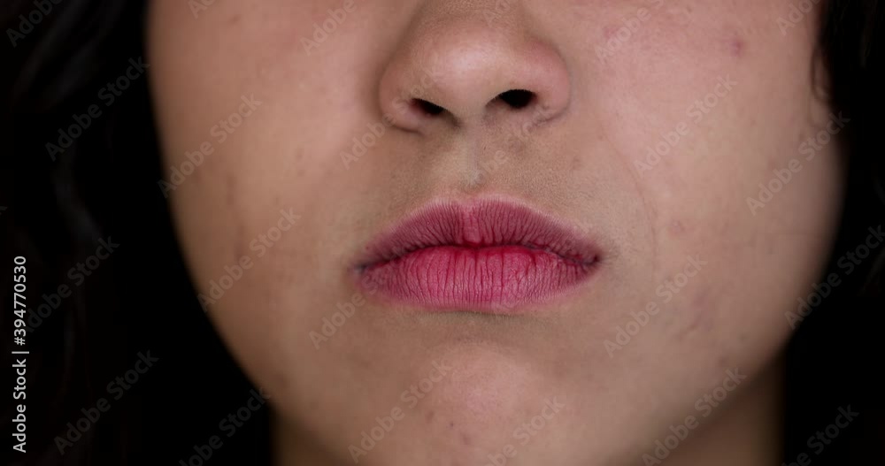 Upset hispanic girl changing emotion. Woman lips mouth becoming angry Upset hispanic girl changing emotion. Woman lips mouth becoming angry