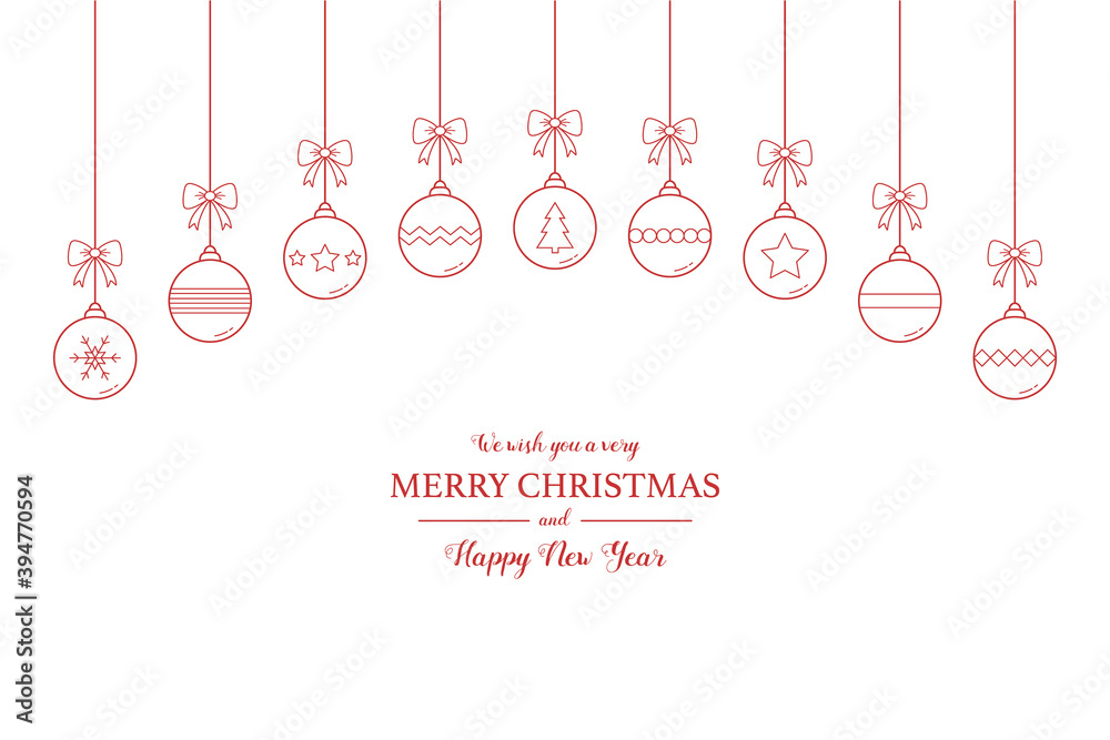 Xmas background with hanging balls and greetings. Christmas decorations. Vector