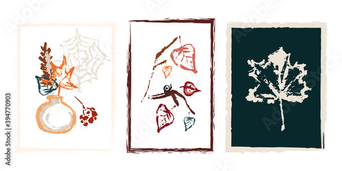 Hand drawing abstract elements of the autumn season. Warm colors, stylish compositions of leaves, mushrooms, cones, berries. Autumn mood, cozy autumn and minimal design.