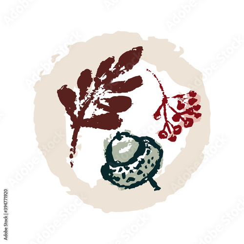 Hand drawing abstract elements of the autumn season. Warm colors, stylish compositions of leaves, mushrooms, cones, berries. Autumn mood, cozy autumn and minimal design.