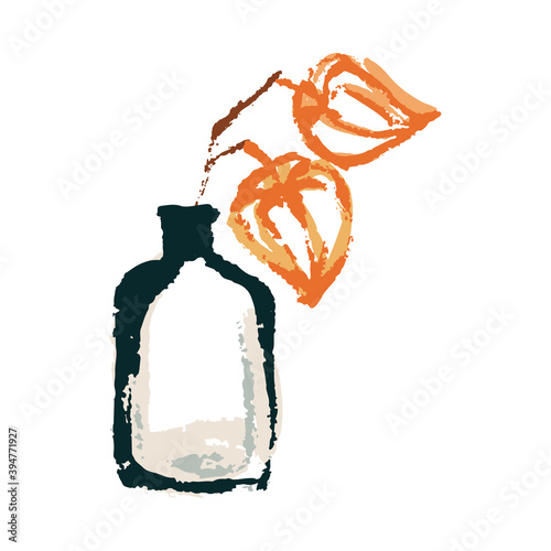 Hand drawing abstract elements of the autumn season. Warm colors, stylish  composition of a vase and dried flowers, branches or autumn plants. Autumn mood, cozy autumn and minimal design. 