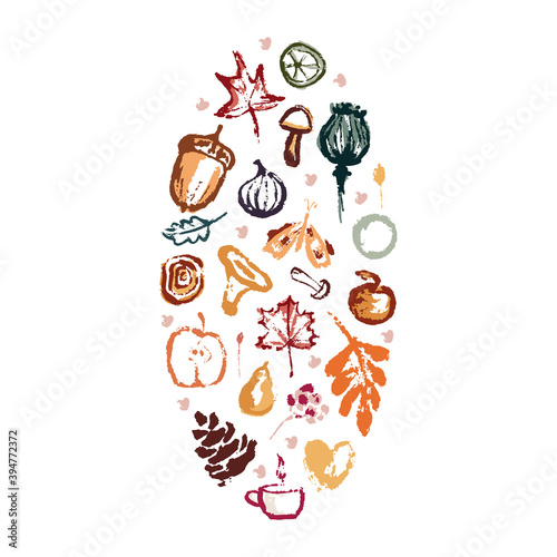 Hand drawing abstract elements of the autumn season. Warm colors, stylish compositions of leaves, mushrooms, cones, berries. Autumn mood, cozy autumn and minimal design.