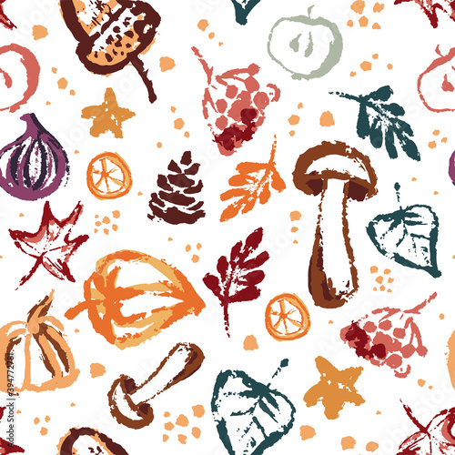 Hand drawing abstract elements of the autumn season. Seamless pattern of leaves, mushrooms, cones, berries. Autumn mood, cozy autumn and minimal design. Vector illustration