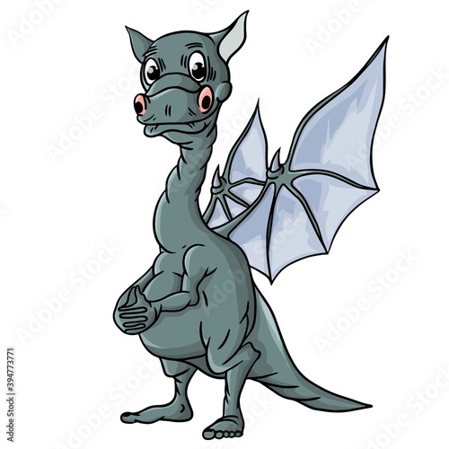 Cheerful, cute, winged dinosaur on a white background. Prehistoric reptile. Jurassic period. Vector illustration