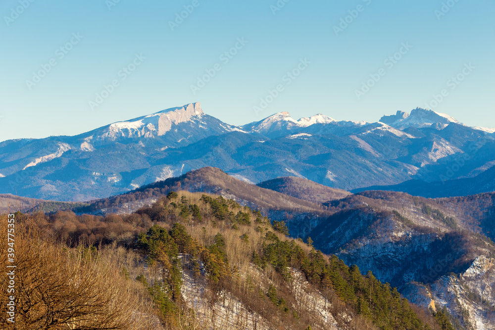 Beautiful mountain landscape with forest at Caucasus mountains.