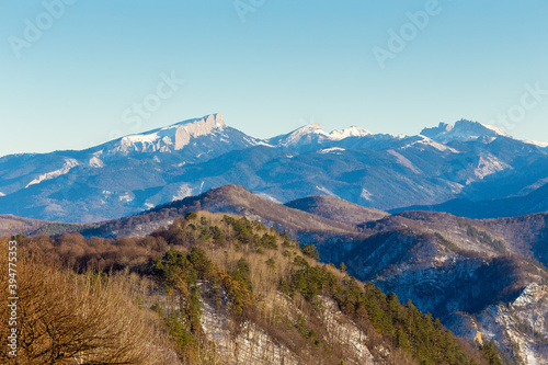 Beautiful mountain landscape with forest at Caucasus mountains.