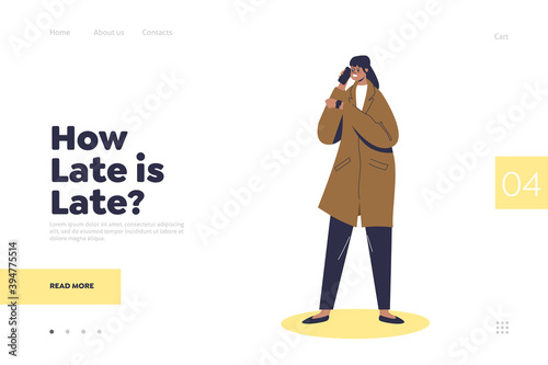 Irritated businesswoman wait for late landing page concept. Punctual female blaming late on phone