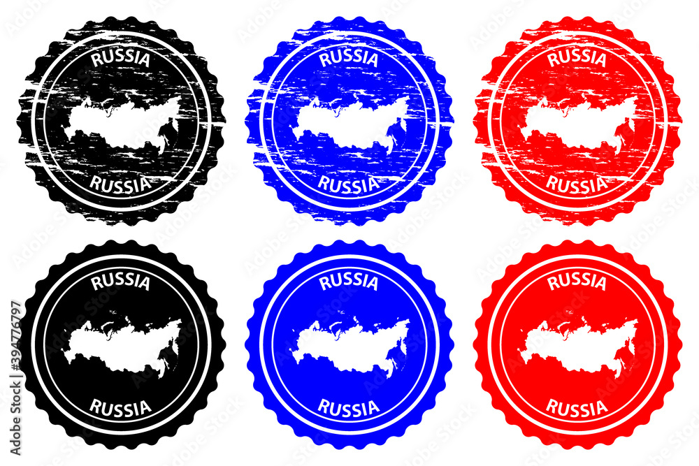 Russia - rubber stamp - vector, Russia map pattern - sticker - black, blue and red
