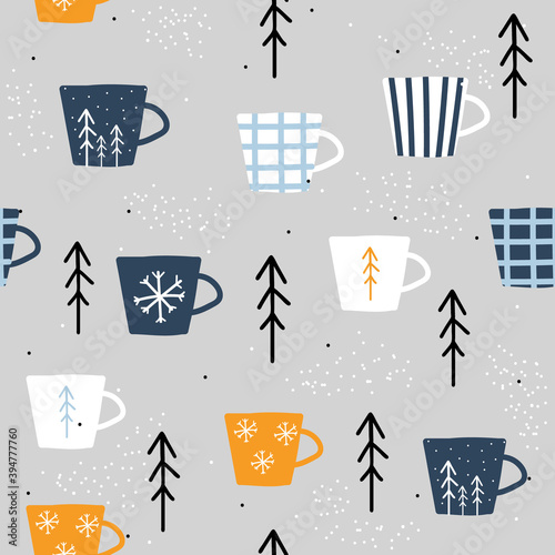 Seamless pattern with Christmas cups and simple trees. Holiday print. Vector hand drawn illustration.
