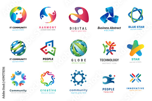 Set of logo design templates. Vector illustrations on the topic of social, media, Internet community, online communication, technology, business.