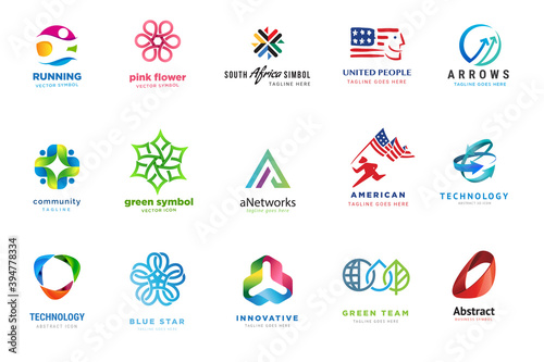 Set of logo design templates. Vector illustrations on the topic of business, technology, network, national services, green technology, ecology.