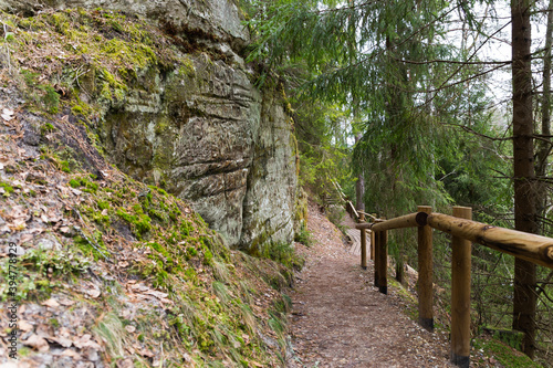 Sandstone cliffs with a wooden trail - tourism, Gaujas National park, Latvia