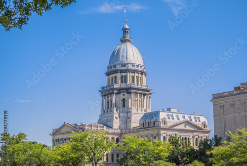 Springfield IL State Capital Building with beautiful, soft light and light blue sky.