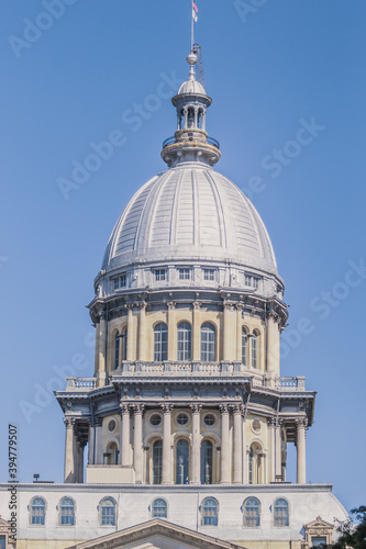 Springfield IL State Capital Building with beautiful, soft light and light blue sky.