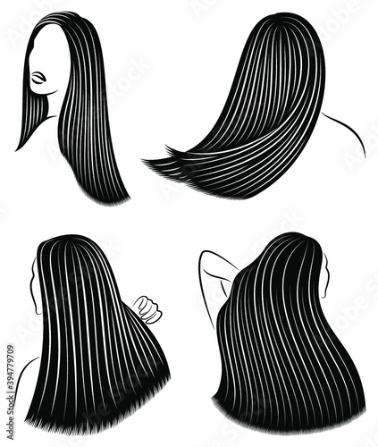 Collection. Straight beautiful girl hair. The lady is beautiful and stylish. Lamination and keratin hair straightening. Vector illustration set.