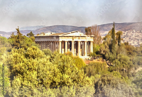 Temple of Hephaestus colorful painting looks like picture, Athens, Greece. photo