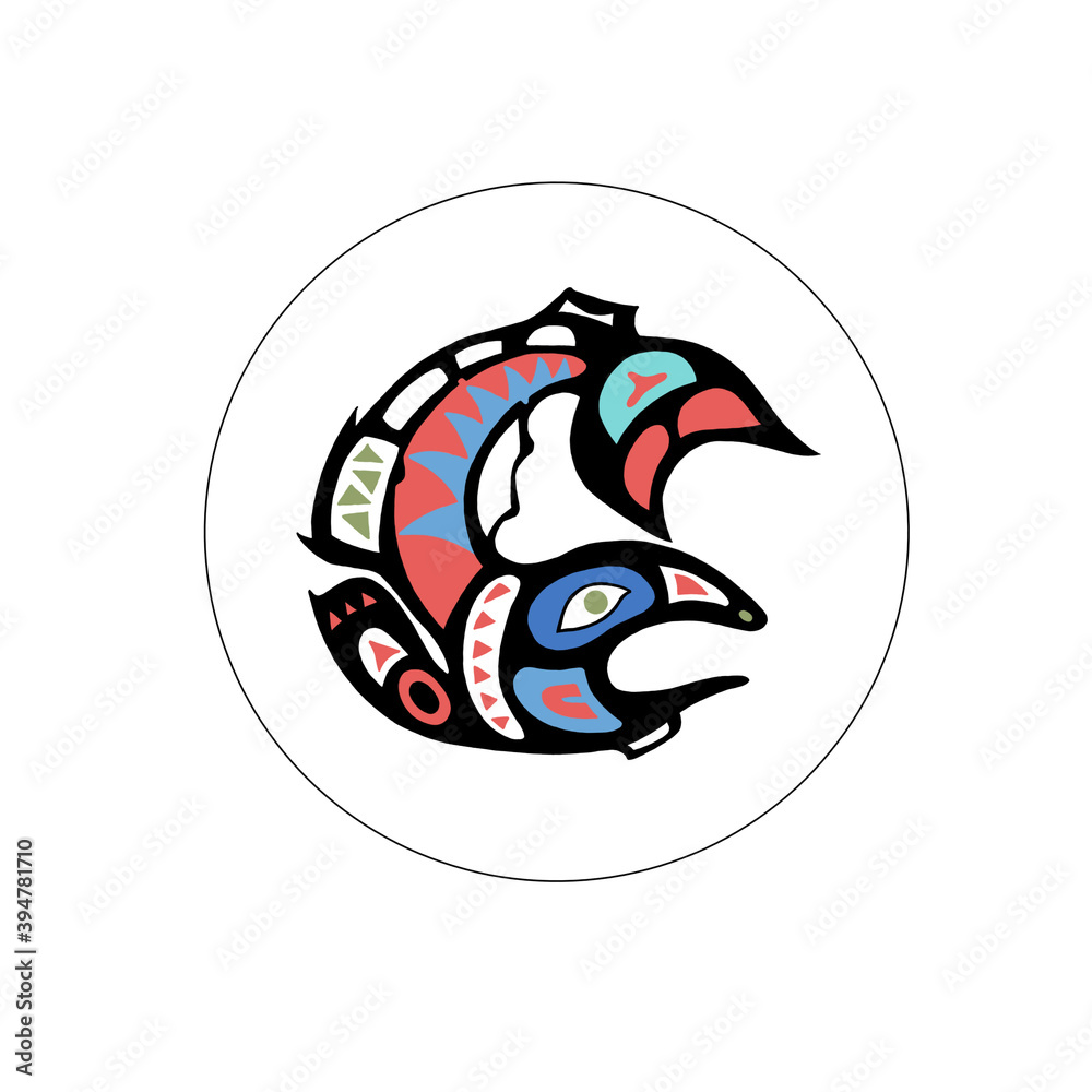stylized colored fish in Mayan style