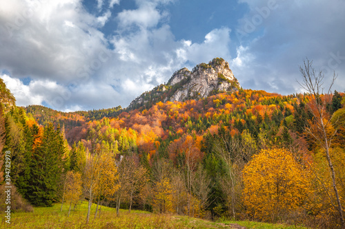 Mountain landscape with colorful forests in autumn. The Vratna valley in Mala Fatra national park, Slovakia, Europe.