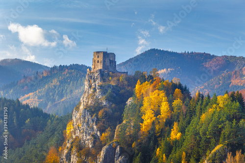 Medieval castle Strecno in the autumn mountain landscape  Slovakia  Europe.