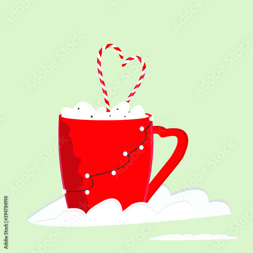 Vector illustration on a Christmas theme. Red drink cup decorated with marshmallows, candy canes and decorative garland.