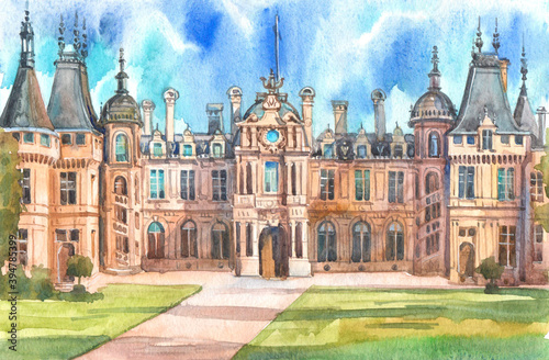 Waddesdon Manor in England on a sunny summer day, illustration, watercolor drawing.