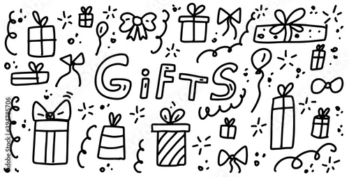 Gift Boxes Doodle Set. Hand drawn lines cartoon set of symbols. Concept of birthday, party, holiday, Christmas, New Year. Vector icons collection isolation on white background.