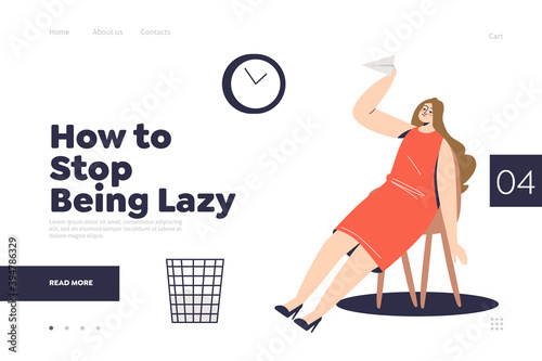 Stop being lazy landing page concept with cartoon businesswoman throwing paper planes at workplace