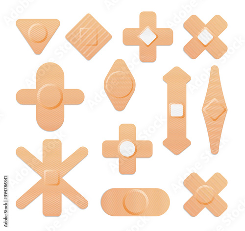 Set of medical plasters. Adhesive bandages or sticking plasters. Medical bands aids protection patch for first aid. Protection and care. Vector cartoon plasters on white background