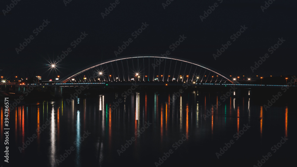 Bratislava, Slovakia, November 20, 2020, Apolo bridge over the river Danube in Bratislava during the night.