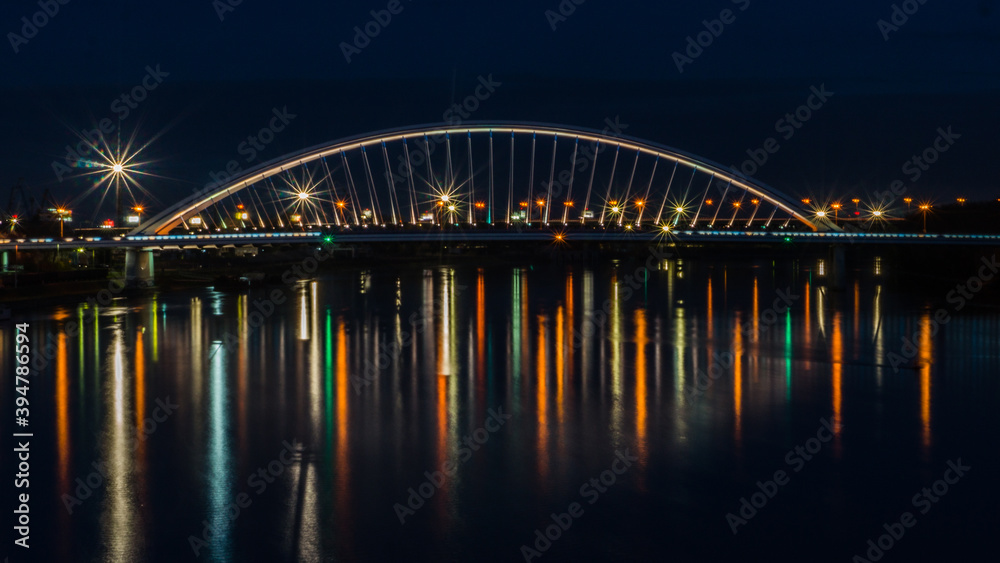 Bratislava, Slovakia, November 20, 2020, Apolo bridge over the river Danube in Bratislava during the night. Bratislava, Slovakia, November 20, 2020, Apolo bridge over the river Danube in Bratislava during the night.
