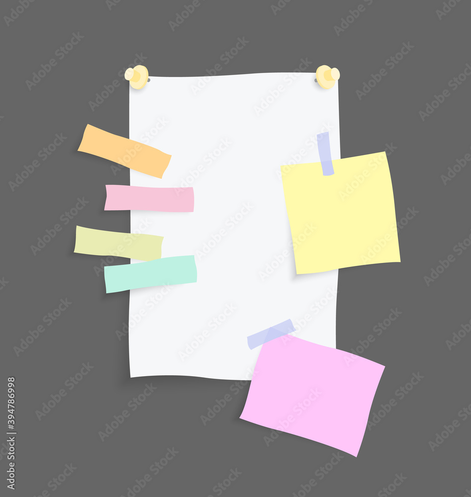 Paper notes stickers. Place for memo messages on paper sheets. Attached with sticky colorful tape on grey background isolated realistic vector illustration