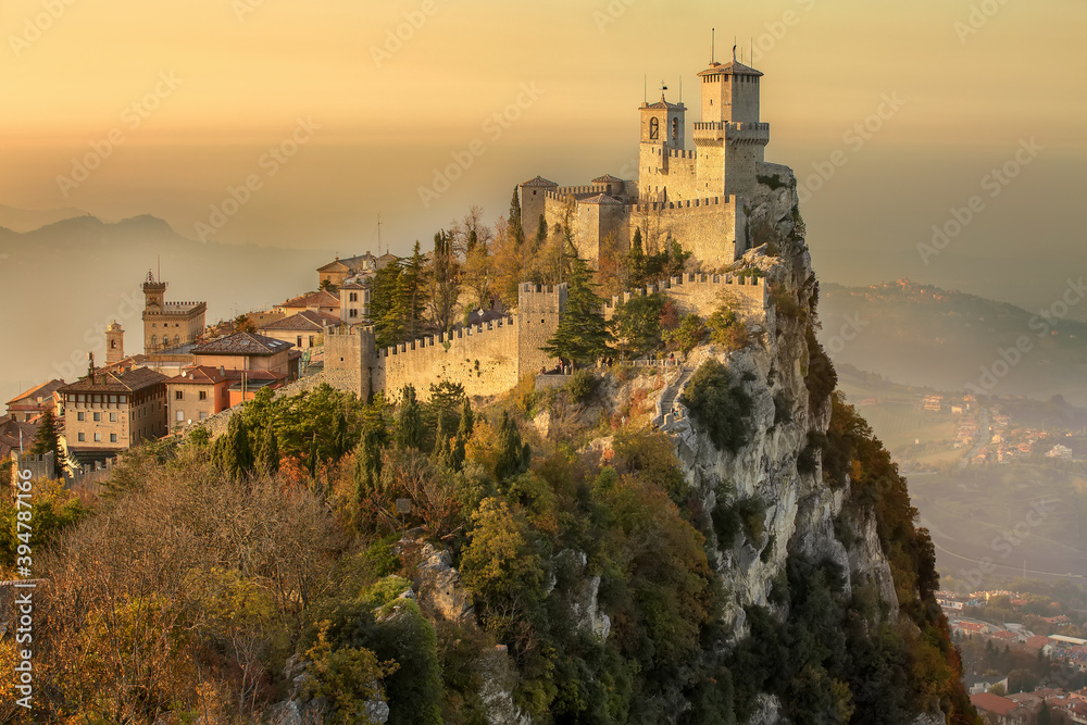 Republic of San Marino, Italy, UNESCO,view of the First tower of Guaita during sunset