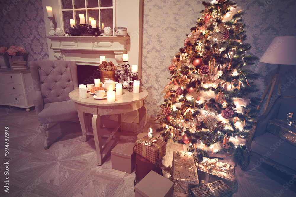 Luxury interior of living room with decorated Christmas tree and gifts on the wooden floor