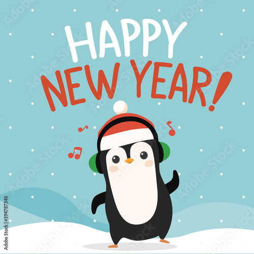 Cute penguin dancing for happy new year.To see the other vector cute penguin illustrations , please check Christmas collection.