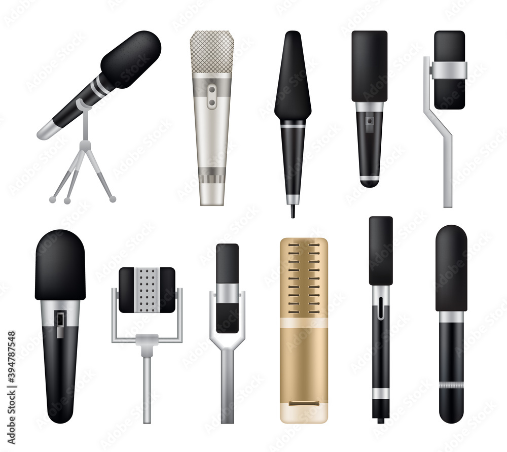 Obraz premium Microphones collection. Recorders or dictaphones for reporters. Professional media music studio equipment. Audio podcast broadcast or music record technology set of broadcasting concert equipment