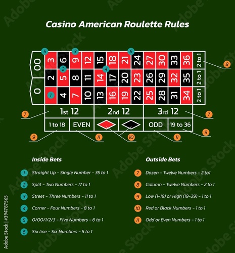 Casino american roulette rules. Infographics of playing and payout of game. Vector illustration.