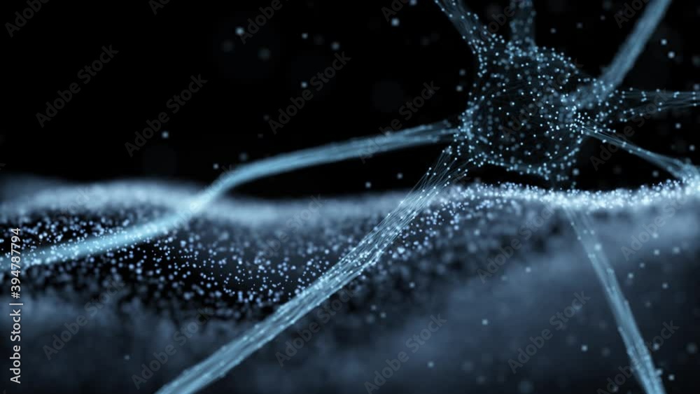 Abstract blurry neuron cell on dark blue background with artistic waves animation.