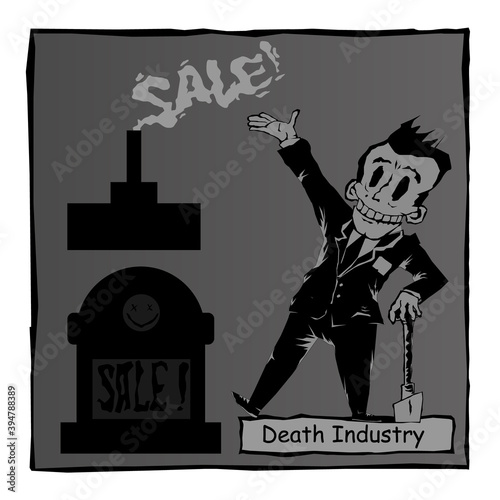 Black humor. Caricature: Funeral Home Sale. Death Industry