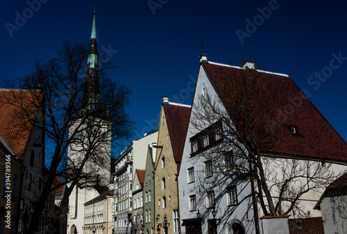April 21, 2018, Tallinn, Estonia. St. Olaf's Church and Street of the old town in Tallinn.