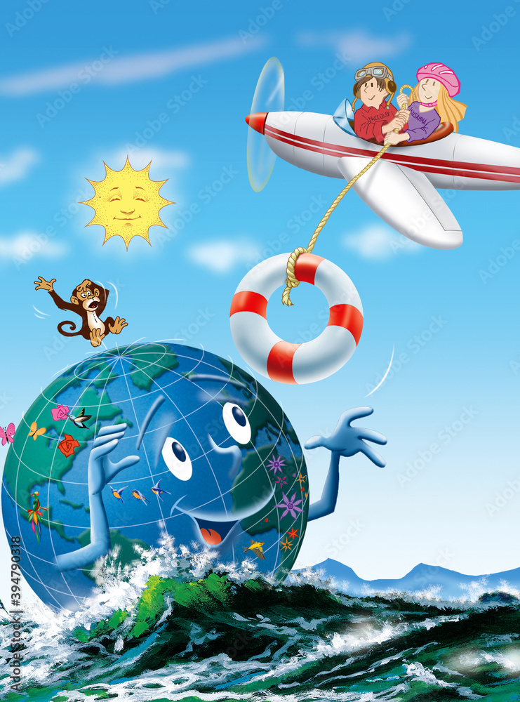 Photos Two boys throw a life buoy to planet earth which is sinking into the ocean